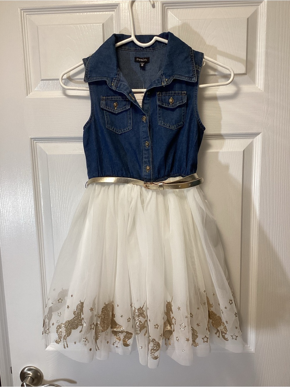 Girls' Denim & White Tulle Dress with Gold Unicorn Detail,Size 10, by Zunie, NWT